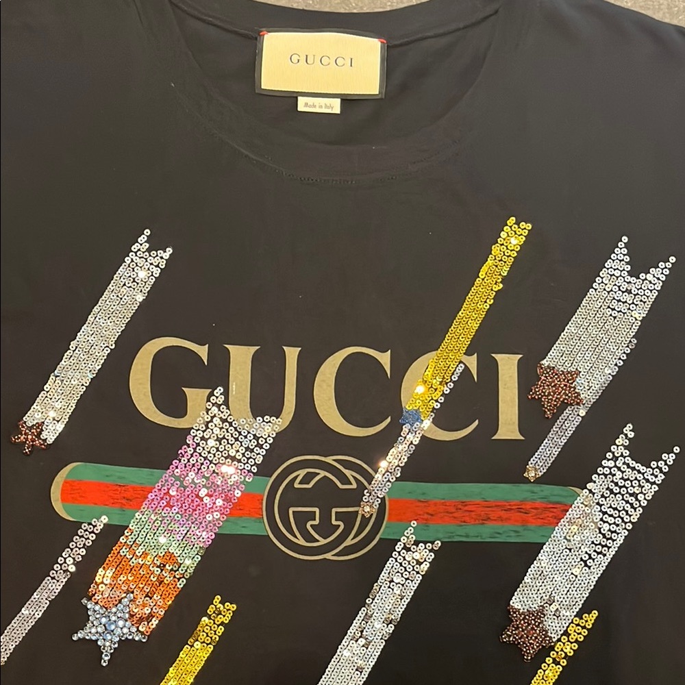 Gucci Black Tee with Colorful Sequin Design